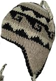 Wool Chullo Fleece Lined Ski Hat Toque with Ear Flaps Winter Knit Beanie Mountaineering Skull Cap - Grey / White - Black G