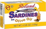 Roland Plain Sardines in Olive Oil, 4.375-Ounce Cans (Pack of 10)