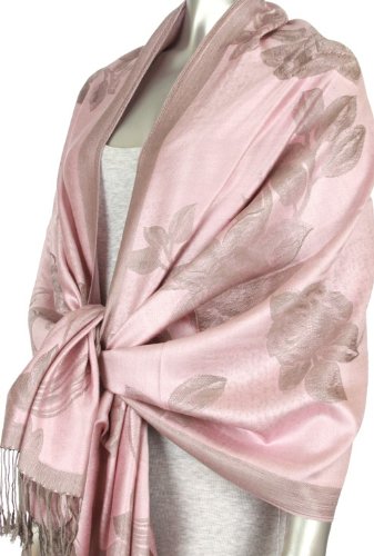 FUPashRose06AG Lightweight Two Tone Rose Floral Design Pashmina Fringe Scarf / Stole / Wrap - Baby Pink / Gray