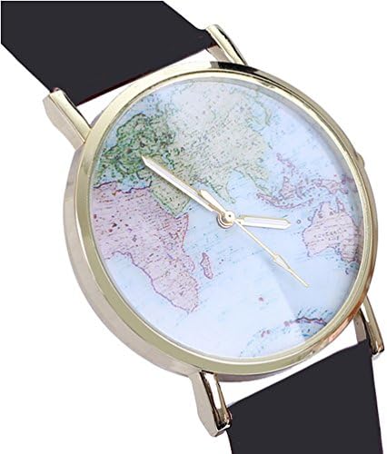 Vogue Elegant Color World Map Pattern Bracelet Wrist Watches Women Casual PU Leather Black