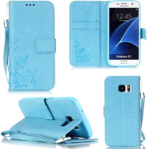 S7 Case, Galaxy S7 Case - Unibeauty Samsung S7 Wallet Case, Sleek PU Leather Floral Pattern Flip Stand Magnetic Clasp &amp; Hand Strap with Free gifts, Blue