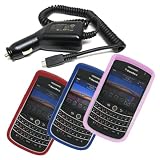 4 Pieces Combo of Dark Red, Dark Blue and Pink Silicone Skin Cover Cases with Car Charger for Blackberry 9630 Niagara Tour