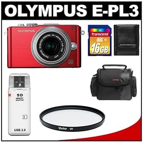 Olympus PEN E-PL3 Micro 4/3 Digital Camera & 14-42mm II Lens (Red/Silver) with 16GB Card + Case + Filter + Accessory Kit (Refurbished by Olympus)