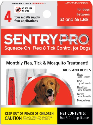 SentryPRO Flea and Tick Squeeze-On for Dogs and Puppies 33-66-Pound - 4 Dose