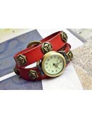 Gift-HK Retro Bronze Rose Flower Rivet Double Wrap Round Bracelet Cow Leather Women Vintage Wrist Watch High Quality Roma Header (Red)