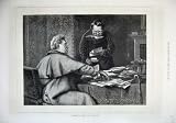 1876 MEN SQUARING ACCOUNTS BOOKS PAPERS TABLE FINE ART