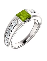 14K White Gold 5.00x5.00mm Princess Cut Peridot and Diamond Ring -- LIFETIME WARRANTY