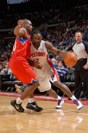 Philadelphia 76ers v Detroit Pistons, Auburn Hills, MI - January 8: Ben Gordon and Jodie Meeks Photographic Poster Print by Allen Einstein, 24x36