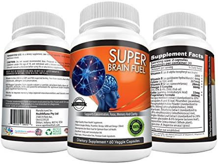 Super Brain Fuel - Provides Neuro Brain Boost Clarity, Best In Concentration Vitamins, Brain Vitamins - Brain Booster, Concentration Supplement - Best Selling In Neuro Boost Concentration Pills, Premium Concentration and Brain Vitamin - Neuro Brain Food for Optimum Brain Health - Super Gingko Biloba Complex with Omega 3, Bacopa, GABA and Huperzine-A - Aids Concentration, Supports Brain Health Improvement - High Quality, Premium Brain Food Supplement for Cognition and Clarity - Promotes The Health And Wellness of Brain Cells - Non-toxic, Preservative Free - 60 Veggie Capsules - 30-Day Money Back Guarantee!