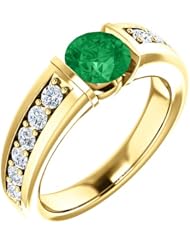 10K Yellow Gold 6.00mm Round Cut Chatham Created Emerald and Diamond Ring -- LIFETIME WARRANTY
