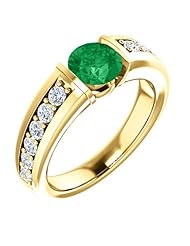 14K Yellow Gold 6.00mm Round Cut Chatham Created Emerald and Diamond Ring -- LIFETIME WARRANTY