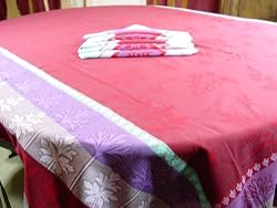 Brick and Aqua Holiday Jacquard French tablecloth, Teflon coated 65 by 98 inches