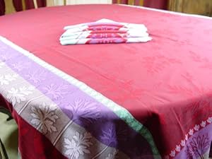 Brick and Aqua Holiday Jacquard French tablecloth, Teflon coated 65 by 98 inches