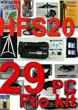 Canon HFS20 29 Piece Pro Kit with 5 Years Ext warranty Plan , 3 Piece Lens Cleaning Kit , Card case Holds 3 cards , High speed card reader , Table top Tripod , ultra compact with flexible wire leg , Camcorder Light , LCD protector , 16GB high speed card , 3 piece Filter kit , Rain sleeve, Soft case, full size Tripod , 2X Professional High Definition telephoto Lens , 0.5 X professional high Definition wide Angle Lens , Close-up Macro Set , Deluxe camcorder Bag , Pop Abrella , External Zoom Microphone , High Power Battery Pack , Rapid Battery Charger , HDMi Cable , Professional 58mm Digital video Lens Hood With Cap and cap keeper , Extra Cam Rudder : Excellent Handle For Video and cameras ,