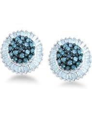 Blue and White Round and Baguette Diamond Stud Earrings in 10k White Gold Setting (1.0 cttw)