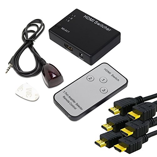 Fosmon Smart 3 Port HDMI Switch with Auto Switching Feature with Remote & 3 Pack Fosmon High Speed HDMI to HDMI Cables