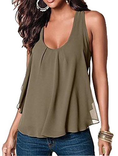 Amstt Women Crewneck Sleeveless Chiffon Casual Loose Tank Top Shirt