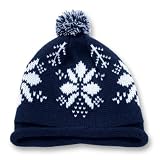 Snowflake Roll Up Beanie w/ Pom Pom- Navy