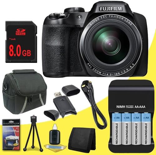 Fujifilm FinePix S8400 16.2 MP Digital Camera (Black) + 4 AA Pack NiMH Rechargeable Batteries and Charger + 8GB SDHC Class 10 Memory Card + Mini HDMI Cable + Carrying Case + SDHC Card USB Reader + Memory Card Wallet + Deluxe Starter Kit