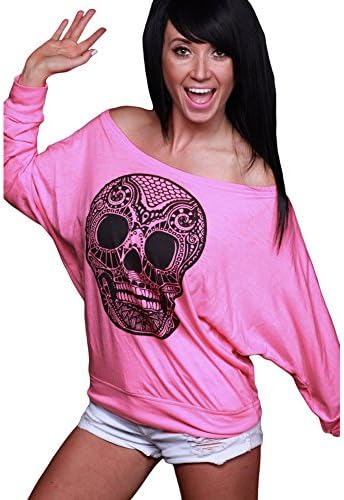 SextyHome Lady Personality Printed Skulls Off-the-shoulder Long Sleeve T-shirt Clothes(Pink)