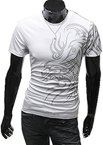Yaslnn Mens Dragon Printing tatoo O Neck T shirts L White