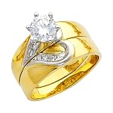 14K Yellow and White Gold Round-cut CZ Cubic Ziconia Solitaire Ladies Engagement Ring and Wedding Band 2 Two Piece Set