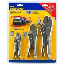 Irwin 2077703 Vise Grip 3 Piece 10-Inch Straight, 7-Inch Curved, and 5-Inch Curved with Wire Cutter Plier Set with Free 8 in 1 multi-tool