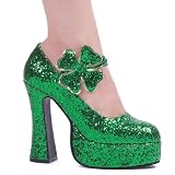 Women's Sexy St. Patricks Day Shoes DETACHABLE Shamrock 5 Inch Chunky Heel Green Glitter MaryJane