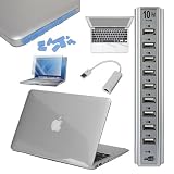 Premium Skque Clear Hard Plastic Crystal Case + 11.6 Inch Screen Protector + Palm and Track Pad Protector + USB to RJ45 LAN Ethernet Network Adapter + 10 Port High Speed USB 2.0 Hub + Blue Anti Dust Plug Cover for Apple MacBook Air 11.6
