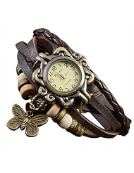 SODIAL(R) Coffee Vintage Bronze Womens Ladies Weave Wrap Leather Bangle Bracelet Quartz Watch