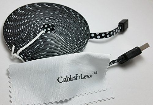 10ft (10 feet 10') Tangle Free Noodle Style Micro B USB Charging / Data Sync Cable fits Android Samsung Galaxy HTC LG Pantech Blackberry Motorola Sony ZTE (White Dots)