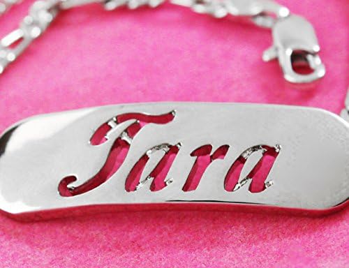 Name Bracelet Tara - White Gold Plated 18ct Personalised Bracelet. 10" Figaro Chain with Gift Box and Gift Bag. 2mm thick Nameplate.