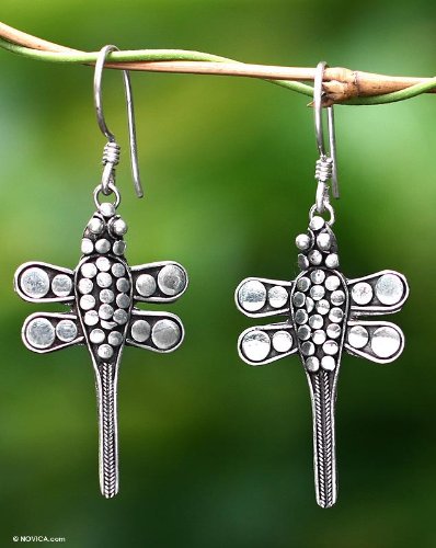 Earrings, 'Silver Dragonfly' 0.8 W 2 L
