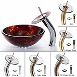 Kraus Fire Opal 14 inch Glass Vessel Sink and Waterfall Faucet Set, Antique Brass