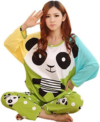 Mocasi Women's Panda Printed Round Neck Pajamas Set Medium Green