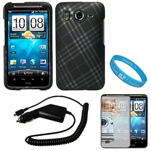 Matte Black with Silver Plaid Design Protective Rubberized Crystal Hard Case Cover for AT&T Wireless HTC Inspire 4G Android Smart Phone + Mirror Screen Protector + Black Rapid Car Charger with IC Chip + SumacLife TM Wisdom Courage Wristband