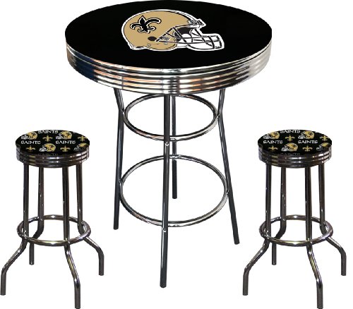 3 Piece New Orleans Saints Logo Chrome Finish Black Pub Table w/ 2 Bar Stools On Sale