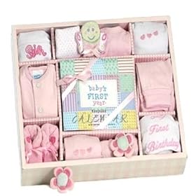 New Baby Girl Layette Gift Set with Keepsake First Year Calendar - Great Shower or Christmas Holiday Gift Idea for Newborns