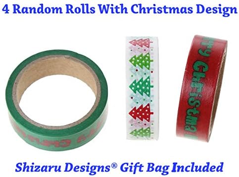 Shizaru Designs® Exclusive 4 Rolls of Festive Christmas Washi Tape with Beautiful Drawstring Gift Bag Approximately 18 Feet of Tape Per Roll