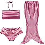 iEFiEL Girls 3pcs Swimmable Princess Mermaid Swimsuit Open Tail Hair Band (5-6, Ruched Top Pink)