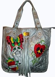 Ed Hardy Purse Tote Handbag Silver w/ Rhinestones