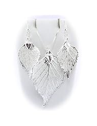 Silver Plated Birch Real Leaf Pendant Sterling Silver Serpentine Chain Necklace 16, 18, 20 Inch Earrings