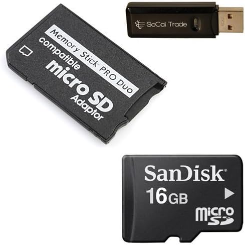 Sandisk 16GB 16G Class 4 microSD MicroSDHC Card with MicroSDHC to Memory Stick MS Pro Duo Adapter for Sony PSP and Cybershot Cameras with SoCal Trade Micro SDHC &amp; SD Dual Slot Memory card Reader