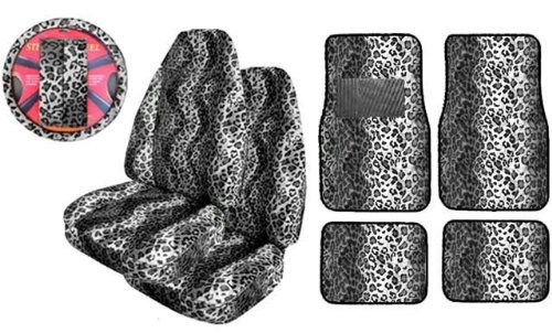 9 Piece Safari Animal Print Auto Interior Gift Set - 2 Snow Leopard Front Bucket Seat Covers, 1 Snow Leopard Steering Wheel Cover,2 Snow Leopard Shoulder Harness Pressure Relief Cover, 2 Snow Leopard Front Floor Mats, and 2 Rear Floor Mats On Sale