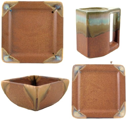 PRADO & PADILLA STONEWARE COLLECTION - 4 Piece (1 Person) Perfectly Square Dinnerware Place Setting - Rustic Brown