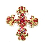 Red Austrian Rhinestone Gold-Tone Cross Brooch Pin / Pendant (Dual Function)