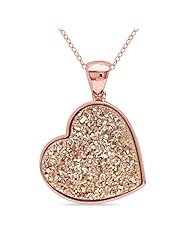 Rose Plated Sterling Silver Rose Druzy Gemstone Heart Pendant Necklace, 18"