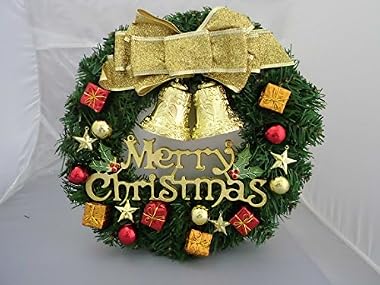 メリー! クリスマス リース 飾り 緑 約30cm 輪 ゴールド リボン 金 鈴 ベル プレゼント 贈り物 にも♪ 【はなまる倶楽部オリジナル】 2291