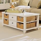American Drew Camden Antique Rectangular White Coffee Table with Wicker Basket Storage