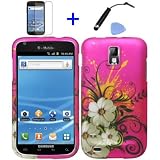 (4 items Combo: Stylus Pen, Screen Protector Film, Case Opener, Graphic Case) Pink White Hawaiian Flower Green Vine Design Rubberized Snap on Hard Shell Cover Faceplate Skin Phone Case for (T-Mobile) Samsung Galaxy S2 / SII/ II/ 2 / T989